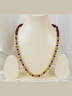 Carved Gold Bead and Ruby Combo Chain