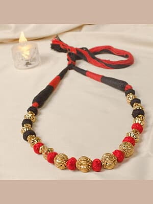 Gold Carved Bead with Black and Red Dorje Chain