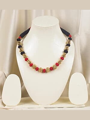 Gold Carved Bead with Black and Red Dorje Chain