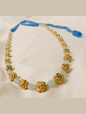 Gold Carved Bead Light Blue Bead Chain