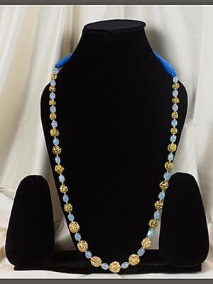 Gold Carved Bead Light Blue Bead Chain