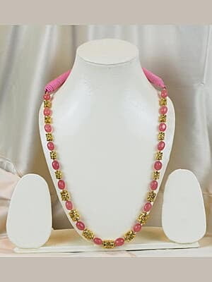 Gold Carved Bead Pink Carved Bead Cylinder Pattern Chain