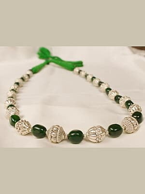 Silver Carved Bead Dark Green Bead Ball Pattern Chain