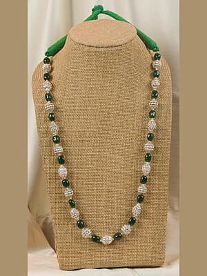 Silver Carved Bead Dark Green Bead Ball Pattern Chain