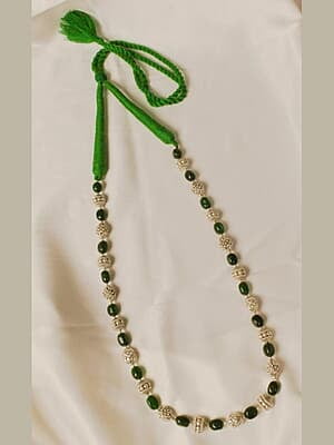 Silver Carved Bead Dark Green Bead Ball Pattern Chain