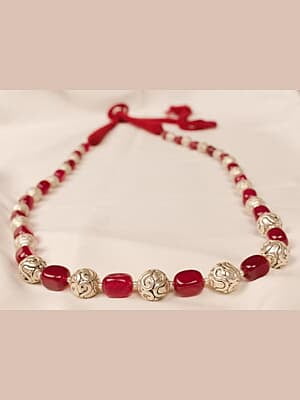 Silver Carved Bead Red Bead Chain