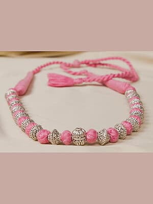 Silver Carved Bead Pink Dorje Chain