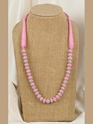 Silver Carved Bead Pink Dorje Chain