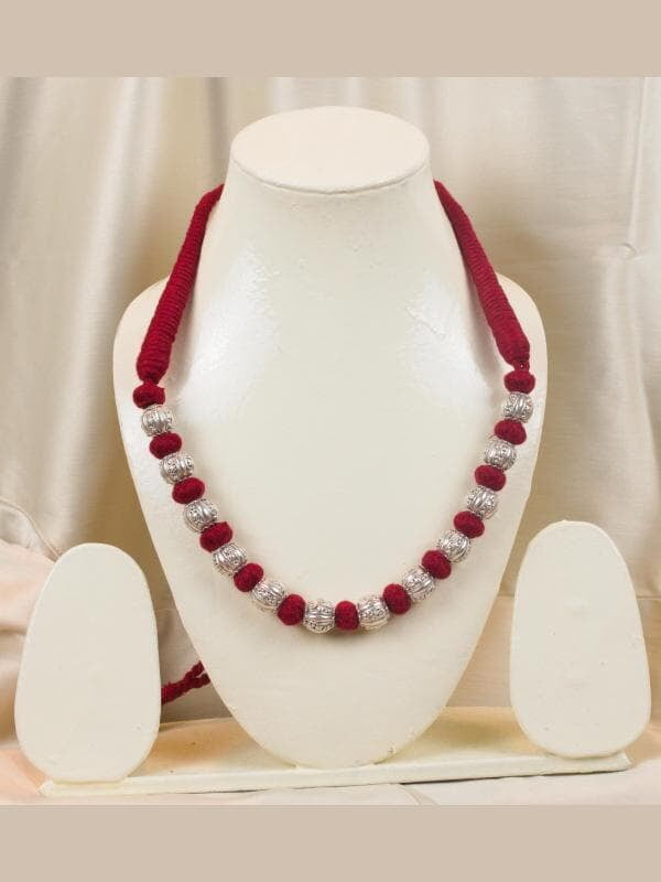 Silver Carved Bead Red Dorje Chain