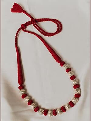 Silver Carved Bead Red Dorje Chain