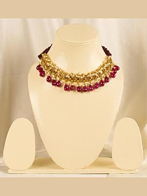 Gold Net Pattern Icicle Ruby Choker Necklace