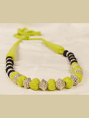 Silver Carved Lime Green Black Beads Chain