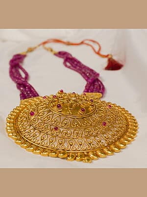 Gold Carved Plate with Ruby Chain Necklace