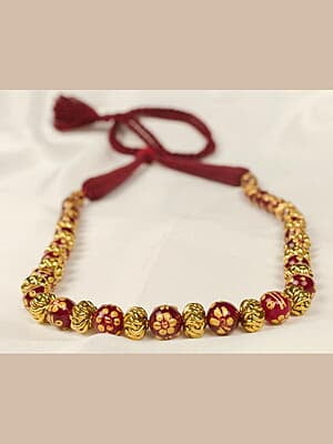 Red Jades Tanjore Painted With Gold Bead Necklace