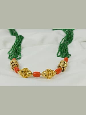 Gold Carved Real Coral with Green Stone Chain Necklace