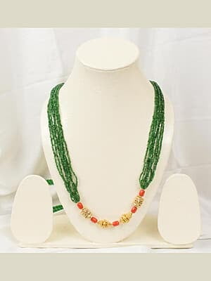 Gold Carved Real Coral with Green Stone Chain Necklace