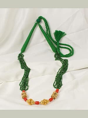 Gold Carved Real Coral with Green Stone Chain Necklace