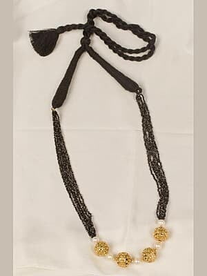 Gold Carved Pearl Dotted Black Stone Chain Necklace