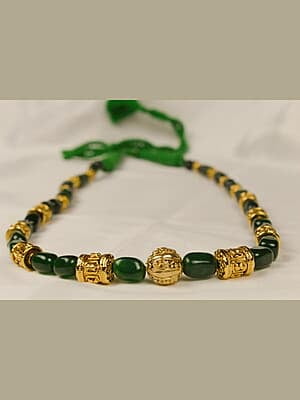 Gold Carved Multi Shape Interspaced Green Stone Chain