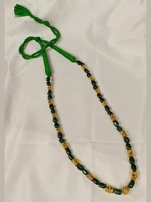 Gold Carved Multi Shape Interspaced Green Stone Chain