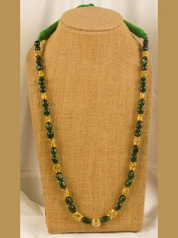 Gold Carved Multi Shape Interspaced Green Stone Chain