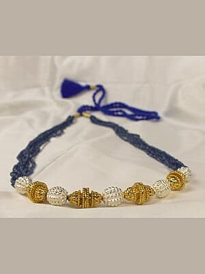 Gold Carved Silver Carved Bead Pearl Interspaced Blue Stone Chain