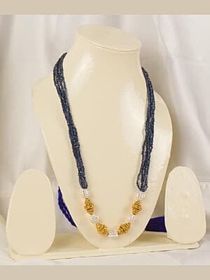 Gold Carved Silver Carved Bead Pearl Interspaced Blue Stone Chain