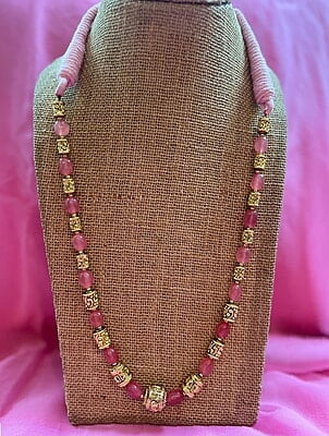 Gold Carved Bead And Pink Quartz Necklace