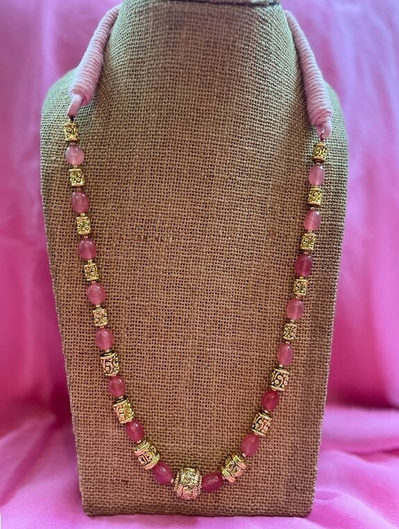 Gold Carved Bead And Pink Quartz Necklace