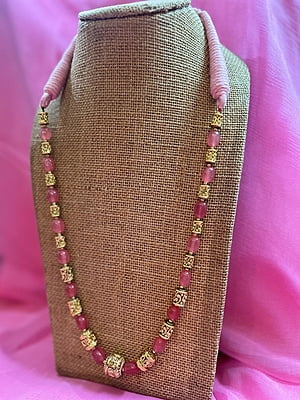 Gold Carved Bead And Pink Quartz Necklace