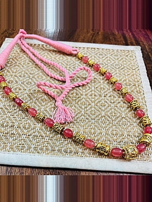 Gold Carved Bead And Pink Quartz Necklace