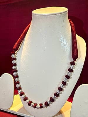 Silver Carved Bead Red Maroon Chain