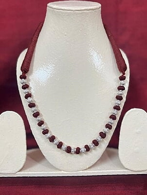 Silver Carved Bead Red Maroon Chain