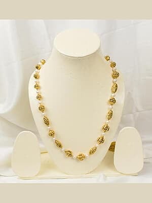 Gold Carved Multi Shaped Beads with Pearl Bead Chain