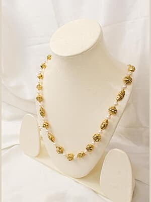 Gold Carved Multi Shaped Beads with Pearl Bead Chain