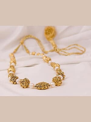 Gold Carved Multi Shaped Beads with Pearl Bead Chain