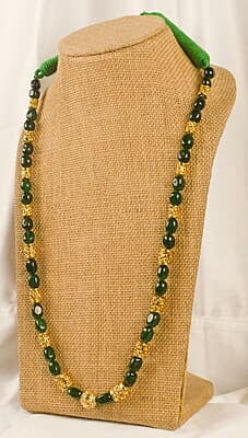 Gold Carved Multi Shape Interspaced Green Stone Chain